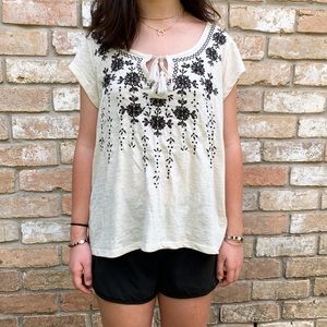 Beige Top with Black Floral Embroidery
